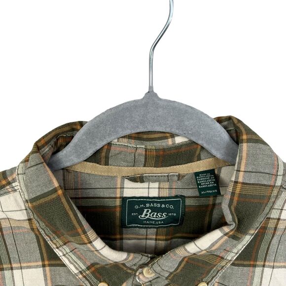 G.H. Bass Mens Plaid Shirt Button‎ Down Short Sleeves Pockets Beige Green Sz XL - Picture 3 of 5